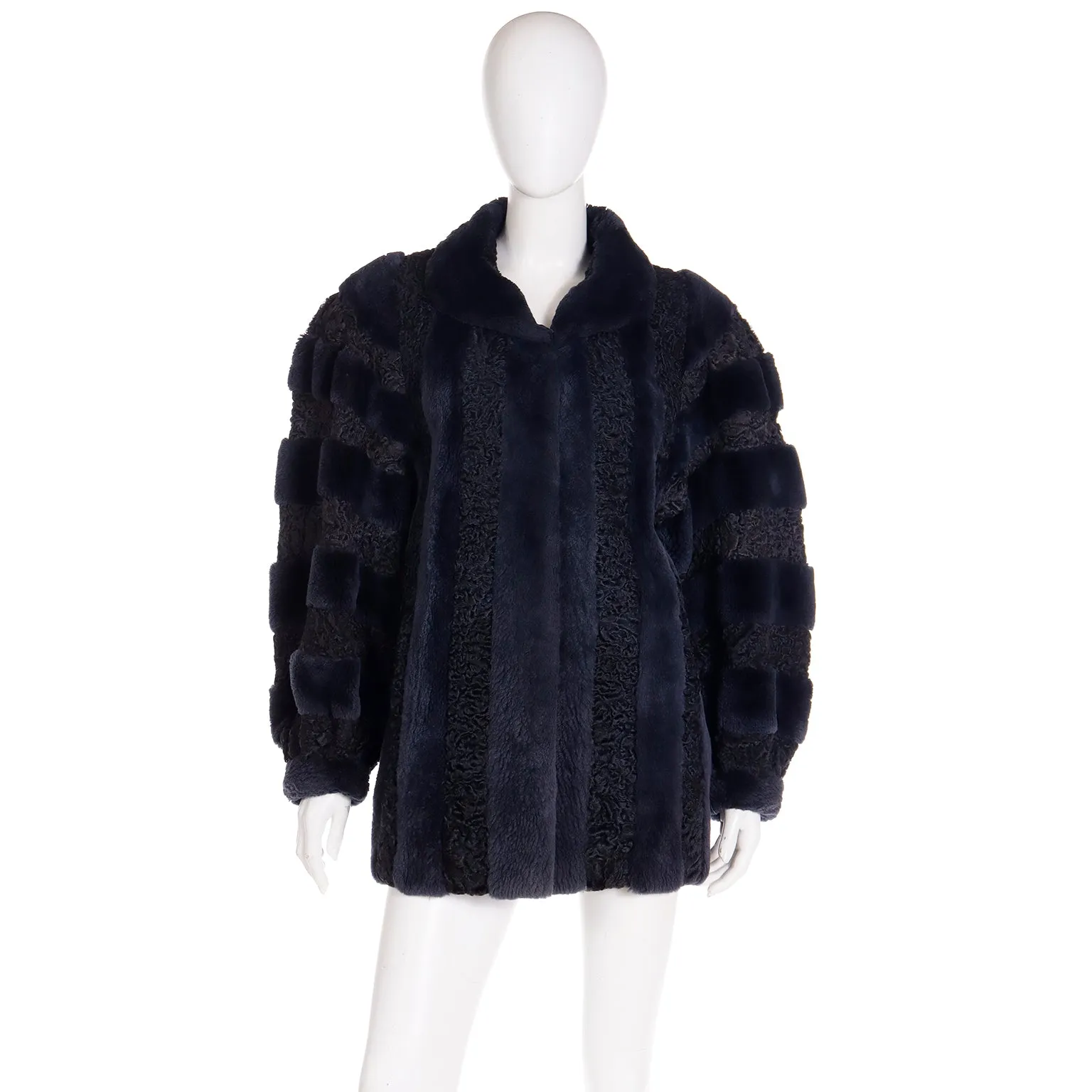 1980s Christian Dior Fourrure Dyed Blue Sheared Fur & Persian Lambswool Jacket