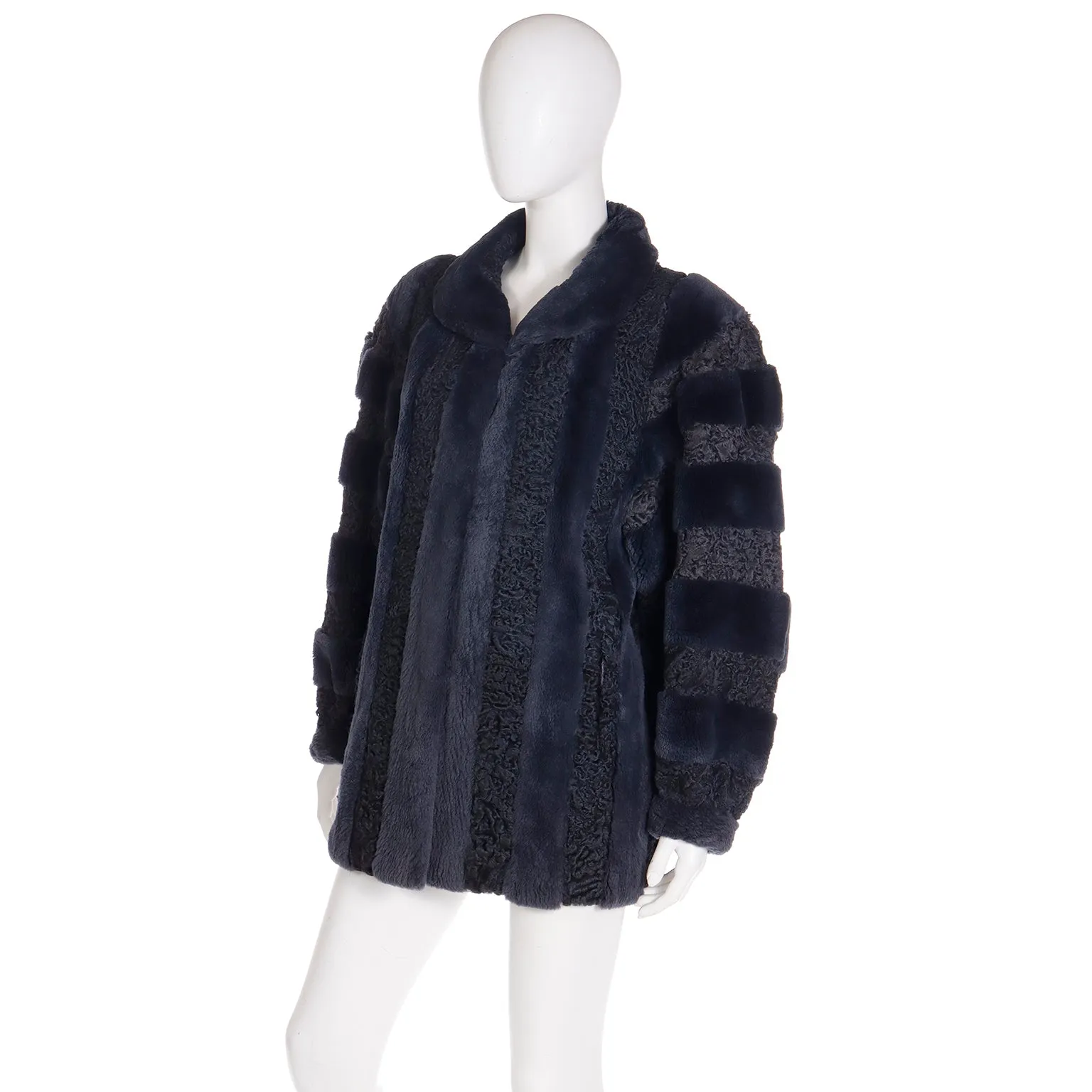 1980s Christian Dior Fourrure Dyed Blue Sheared Fur & Persian Lambswool Jacket