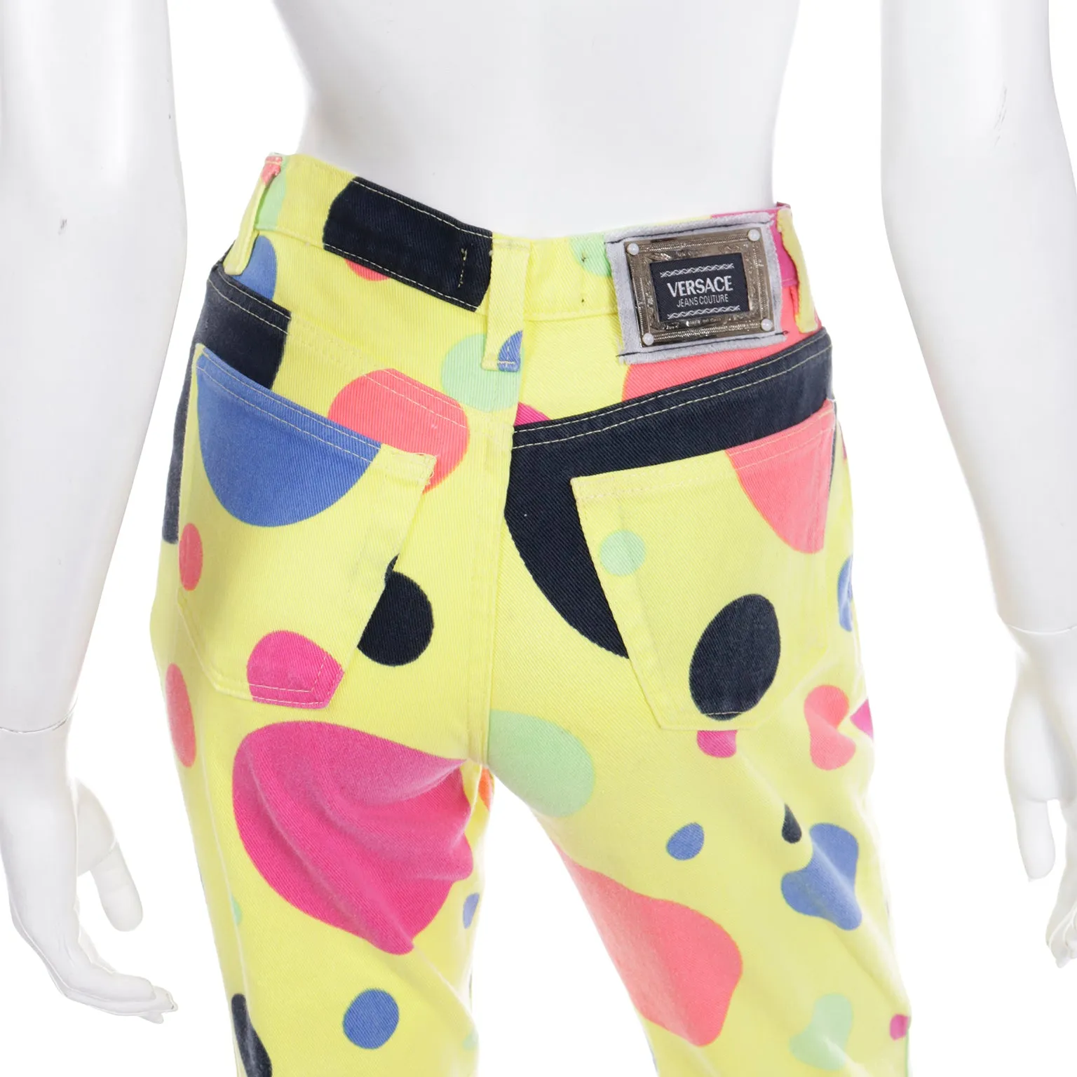 1990s Gianni Versace Jeans Couture Yellow Pants W Colorful Polka Dots