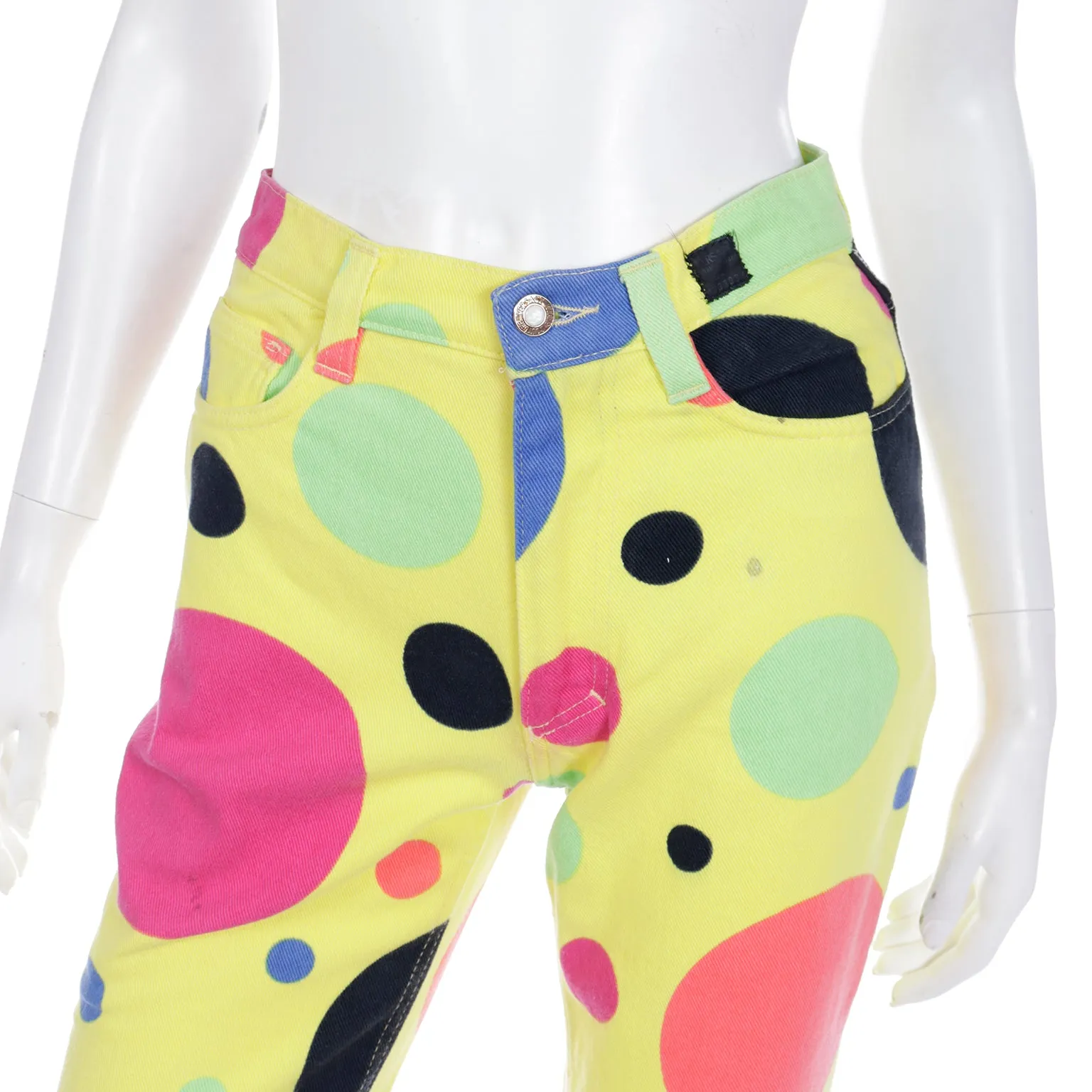 1990s Gianni Versace Jeans Couture Yellow Pants W Colorful Polka Dots