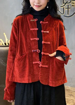 2022 Red button O-Neck pockets Corduroy Coats Spring