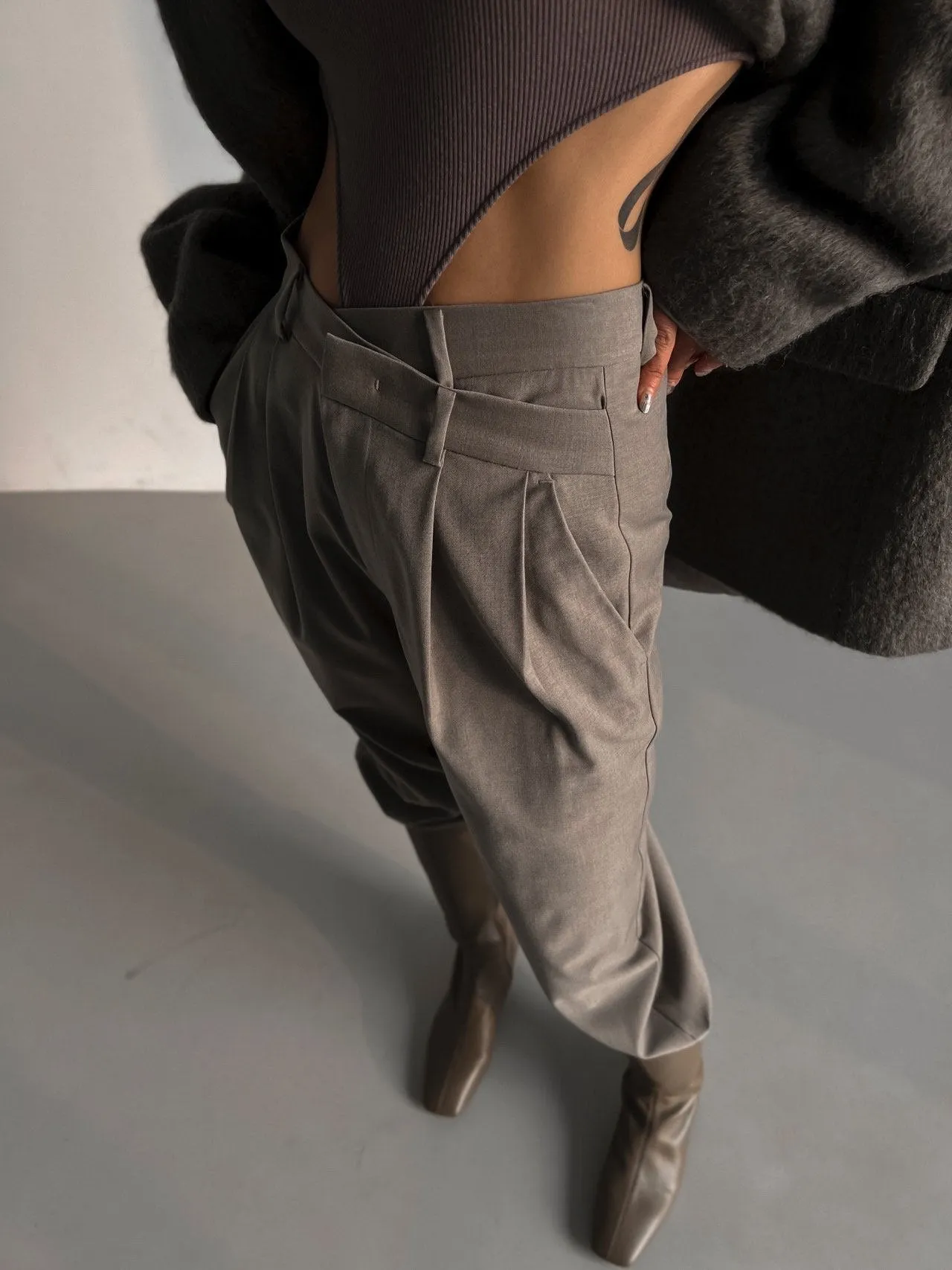 ASYMMETRICAL PIN TUCK WIDE TROUSERS