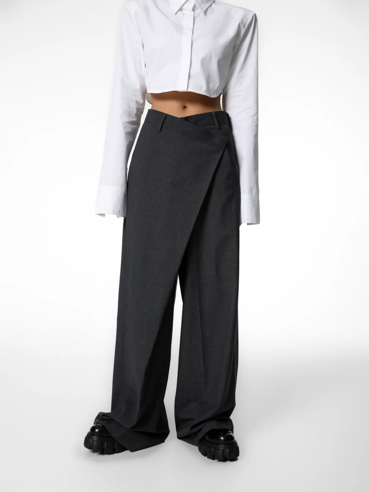 ASYMMETRICAL PIN TUCK WIDE TROUSERS