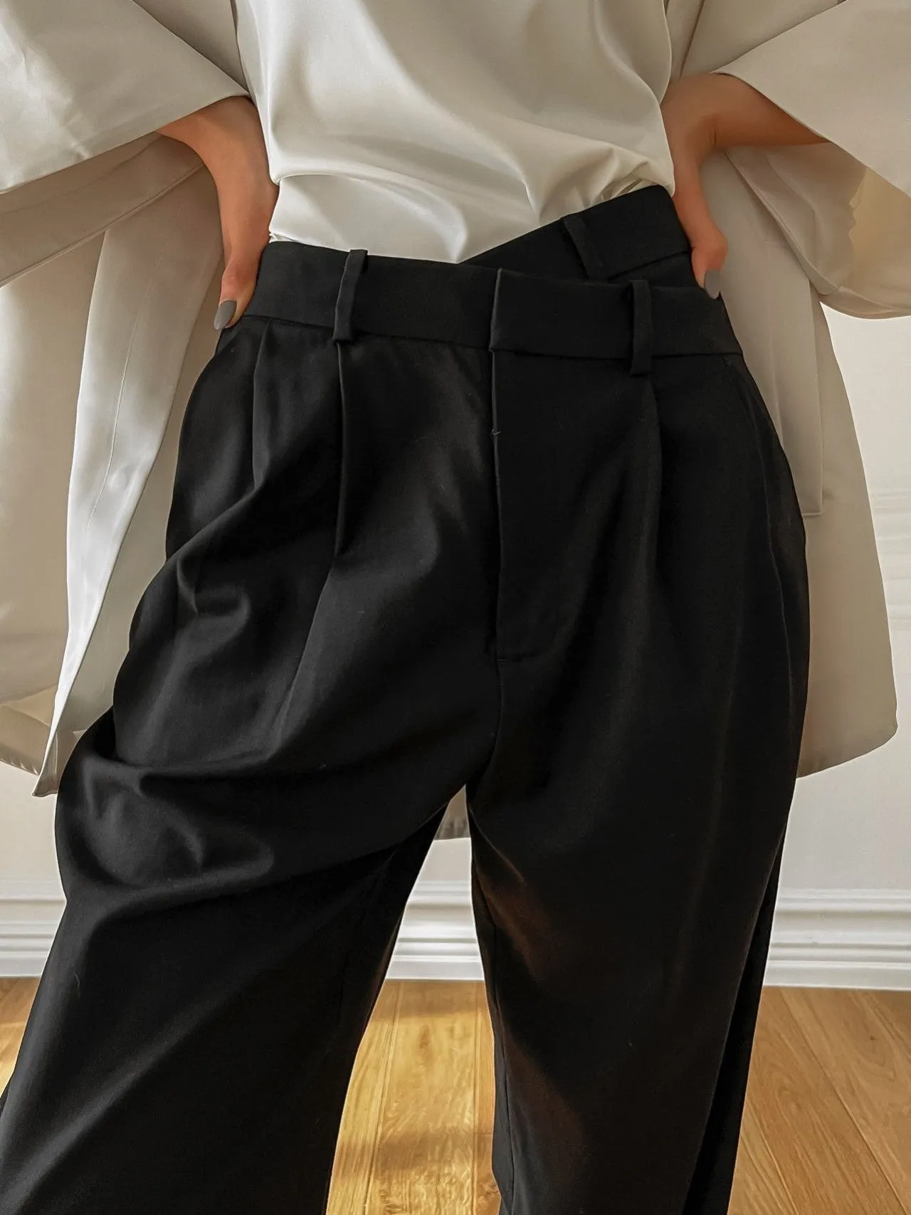 ASYMMETRICAL PIN TUCK WIDE TROUSERS