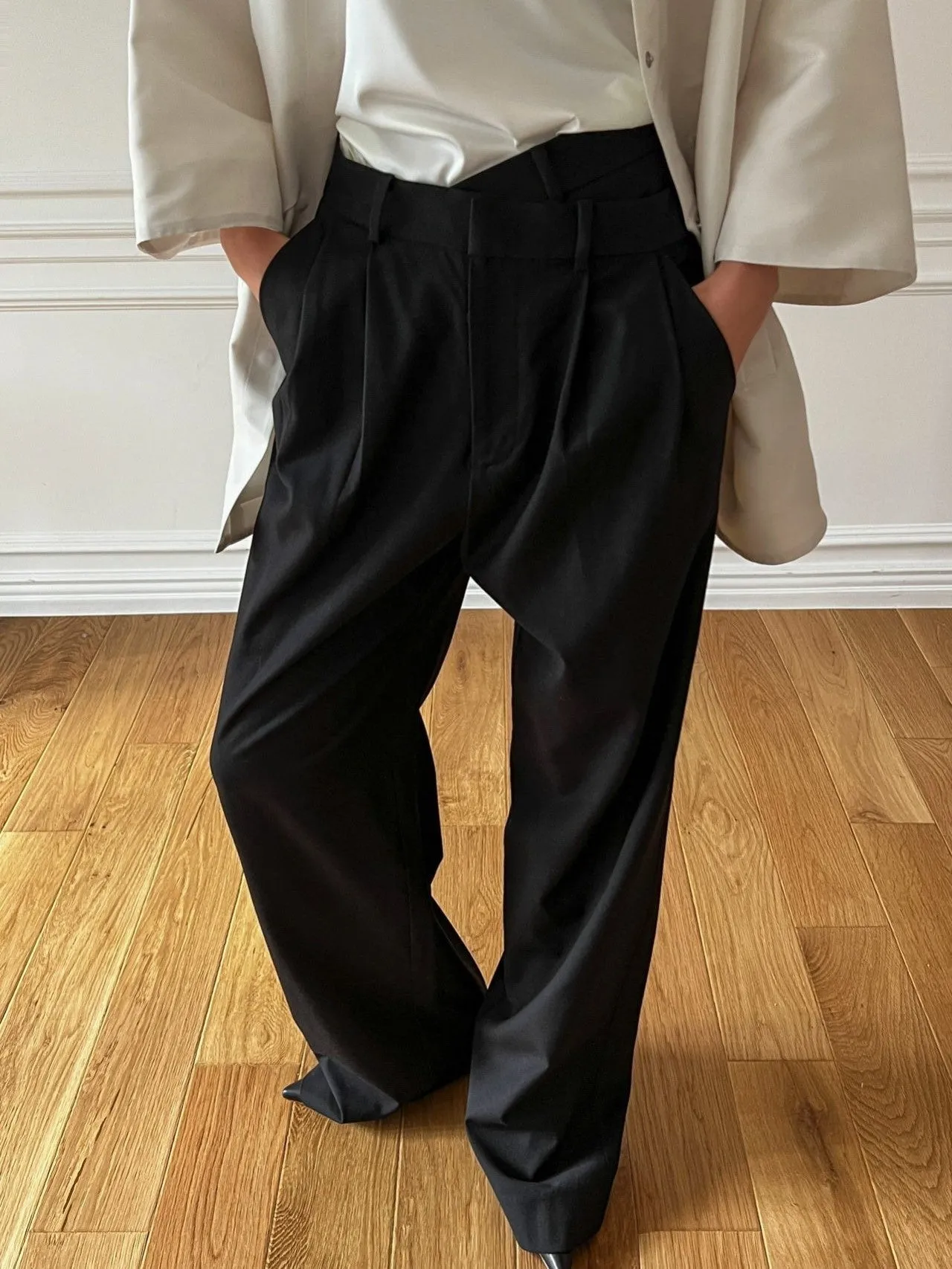 ASYMMETRICAL PIN TUCK WIDE TROUSERS