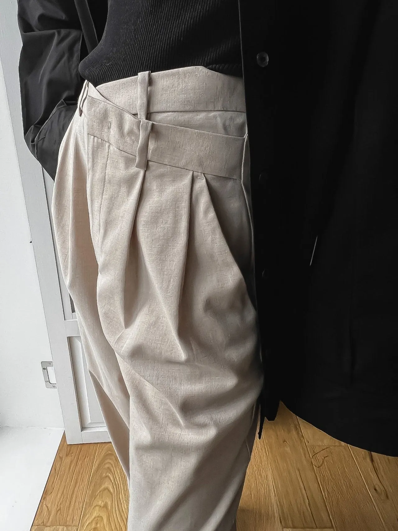 ASYMMETRICAL PIN TUCK WIDE TROUSERS