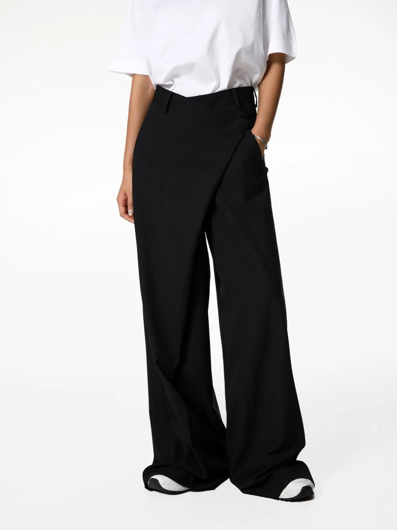 ASYMMETRICAL PIN TUCK WIDE TROUSERS