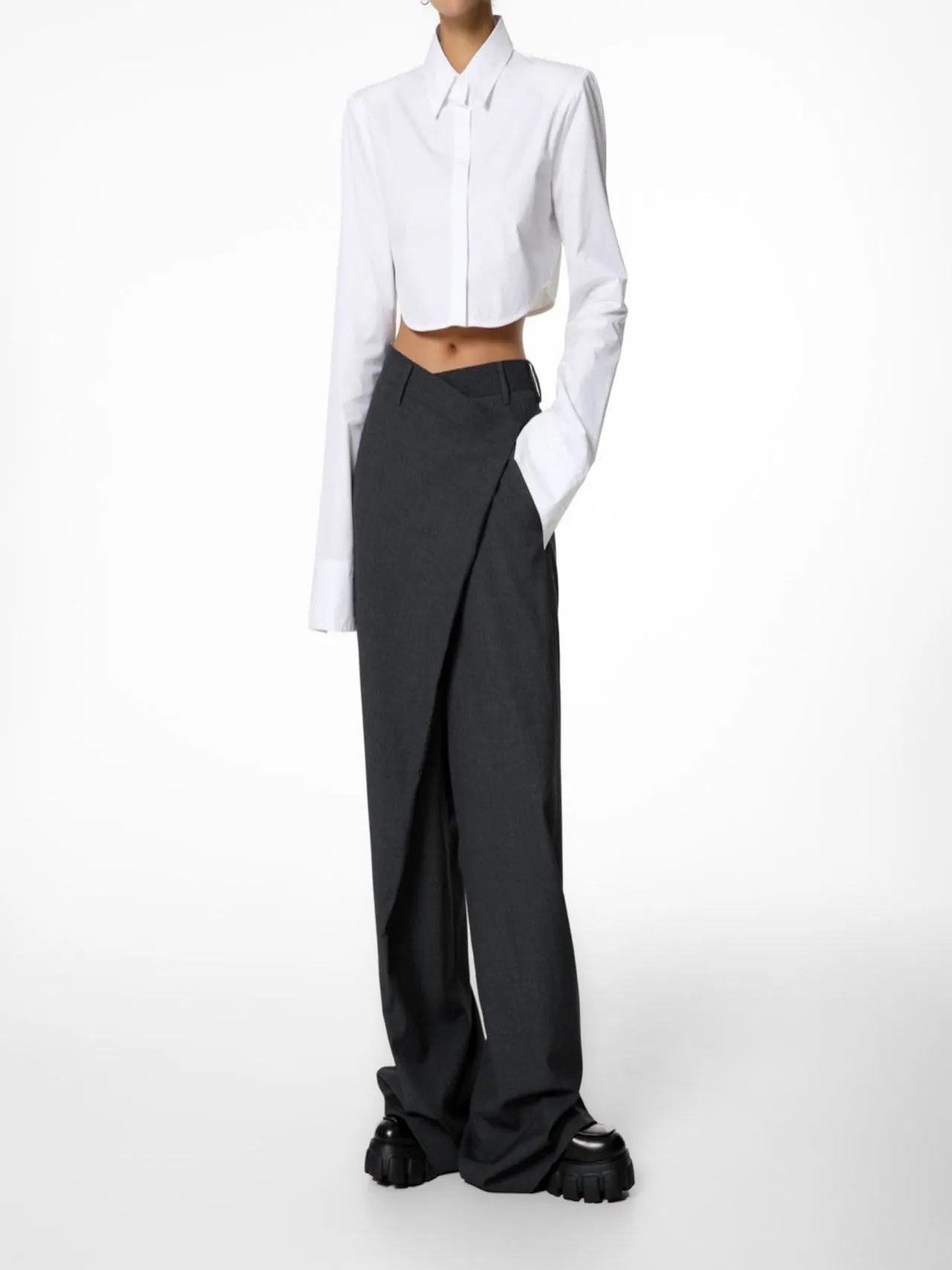 ASYMMETRICAL PIN TUCK WIDE TROUSERS