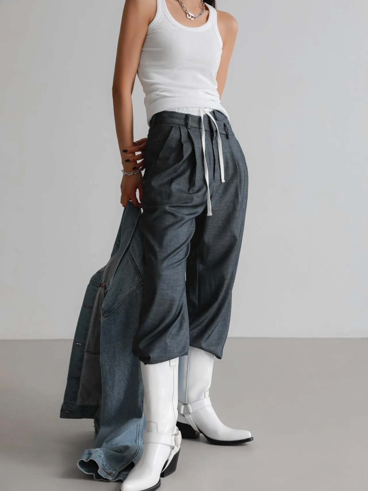 ASYMMETRICAL PIN TUCK WIDE TROUSERS