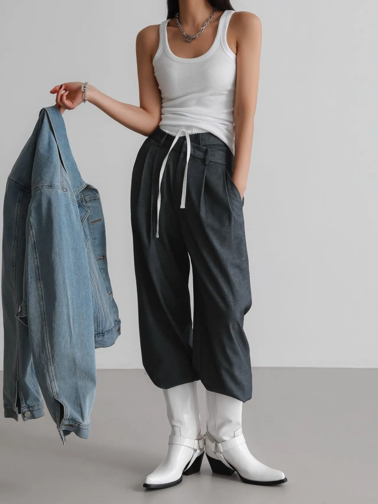 ASYMMETRICAL PIN TUCK WIDE TROUSERS