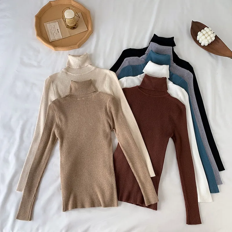 Basic Turtleneck Women Sweaters Autumn Winter Warm Pullover Slim Tops Ribbed Knitted Sweater Jumper Soft Pull Female