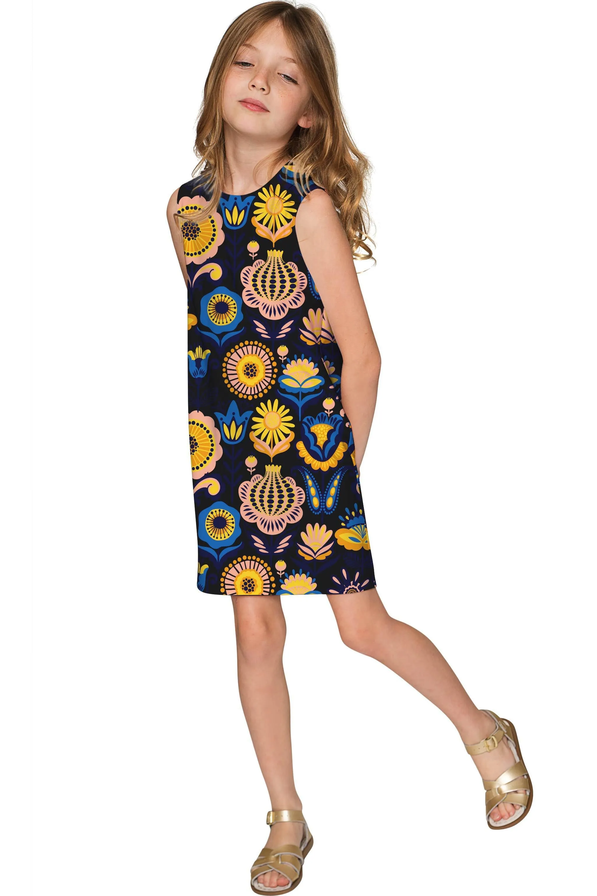 Bella Luna Adele Blue Floral Printed Shift Dress - Girls