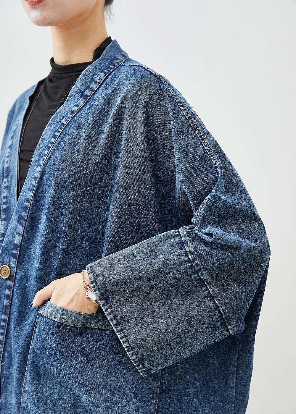 Boho Blue Oversized Pockets Denim Trench Coats Batwing Sleeve