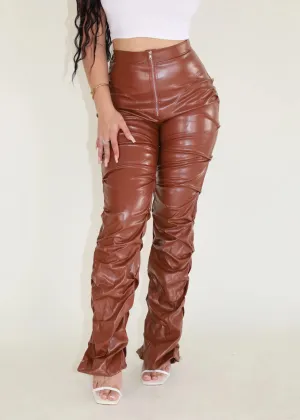 Brown Ruched Patent Pants