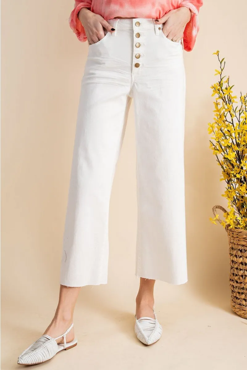 Button front stretch twill bell bottom pants