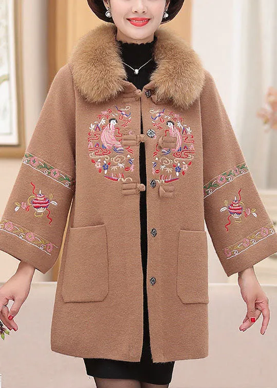 Camel Warm Woolen Coats Faux Fur Collar Embroideried Pockets Winter