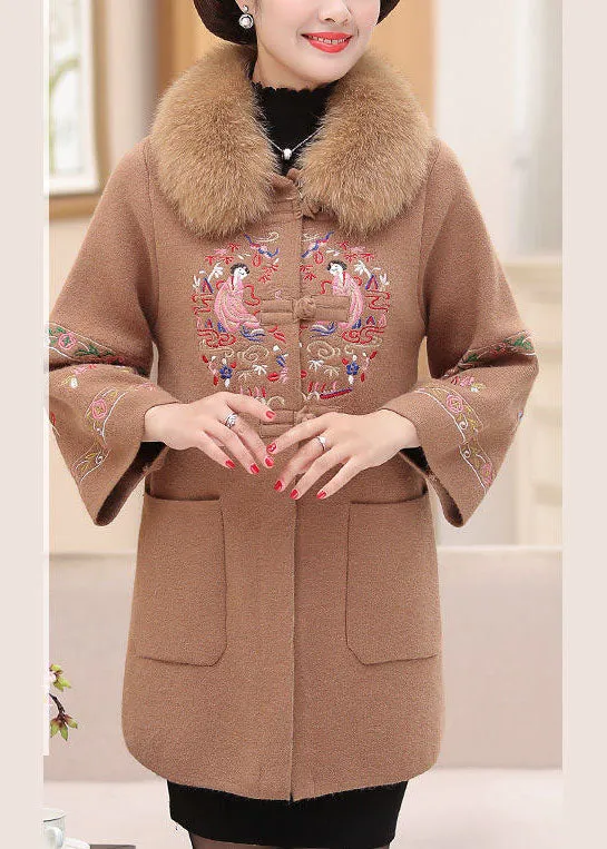 Camel Warm Woolen Coats Faux Fur Collar Embroideried Pockets Winter