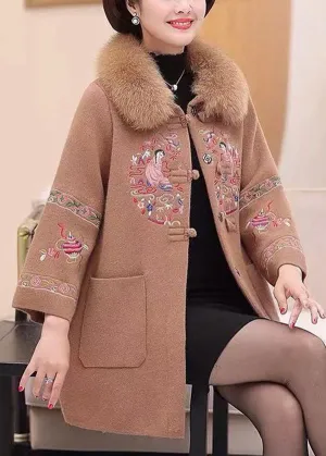 Camel Warm Woolen Coats Faux Fur Collar Embroideried Pockets Winter