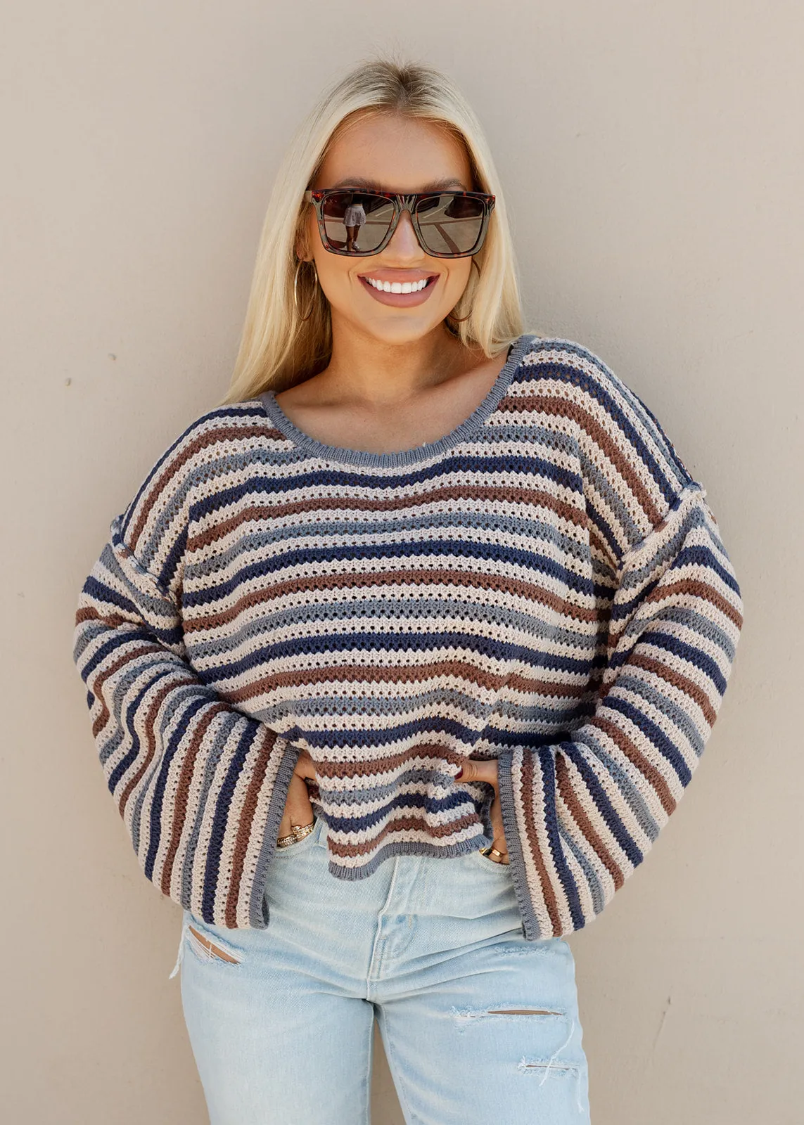 Crochet Taupe Stripe Cropped Sweater