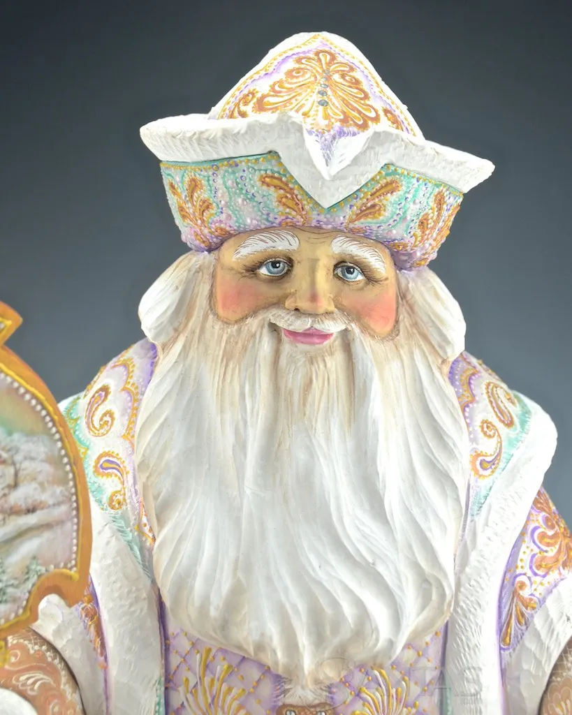 Elegant Blue Eyed Russian Santa with Staff and Lantern