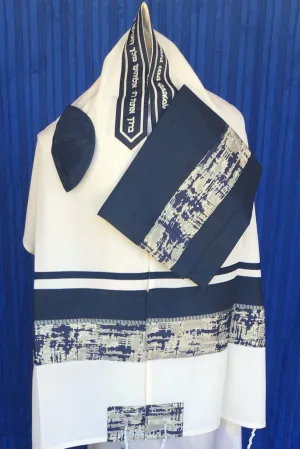 Elegant Kotel Navy Blue and Silver Wool Tallit