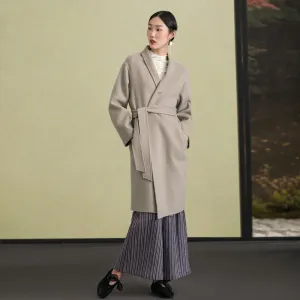 Elegant light gray wool coat casual stand collar winter coat tie waist women coats