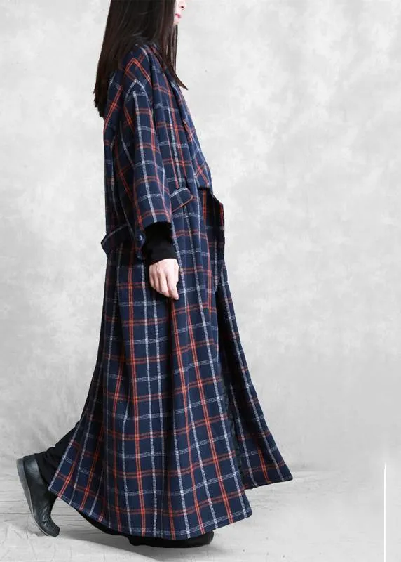 Elegant plus size Coats blue plaid Notched tie waist wool coat for woman