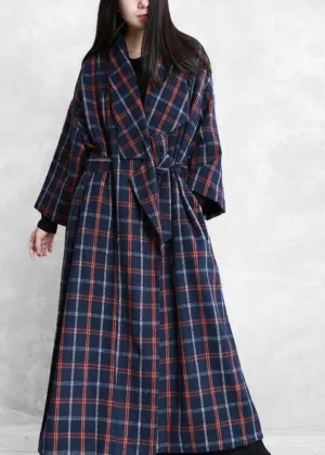 Elegant plus size Coats blue plaid Notched tie waist wool coat for woman