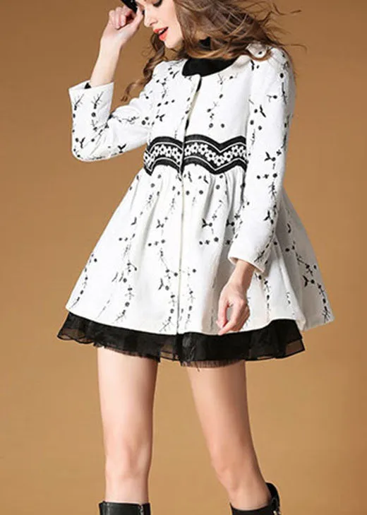 Elegant White Embroideried Patchwork Print Fall Woolen Coats