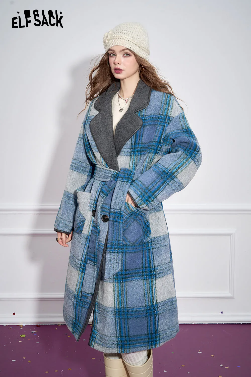 ELFSACK 2024 Winter New Arrivals Blue Plaid Elegant Faux Woolen Coat Women Simple Mid-Length Coat