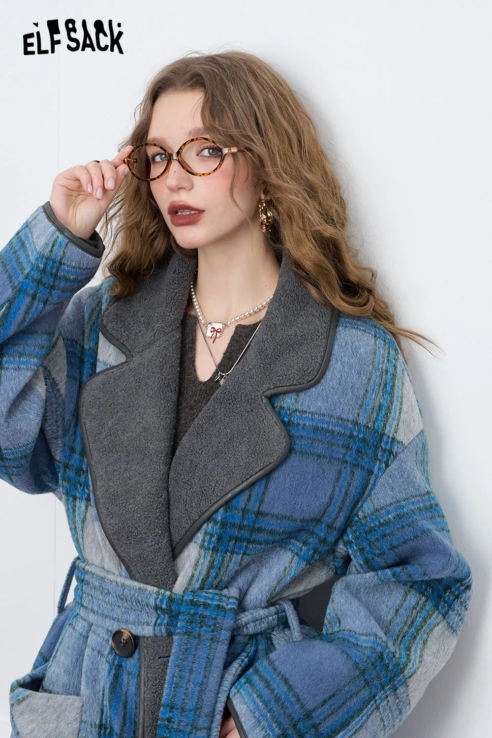 ELFSACK 2024 Winter New Arrivals Blue Plaid Elegant Faux Woolen Coat Women Simple Mid-Length Coat