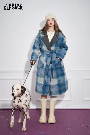 ELFSACK 2024 Winter New Arrivals Blue Plaid Elegant Faux Woolen Coat Women Simple Mid-Length Coat