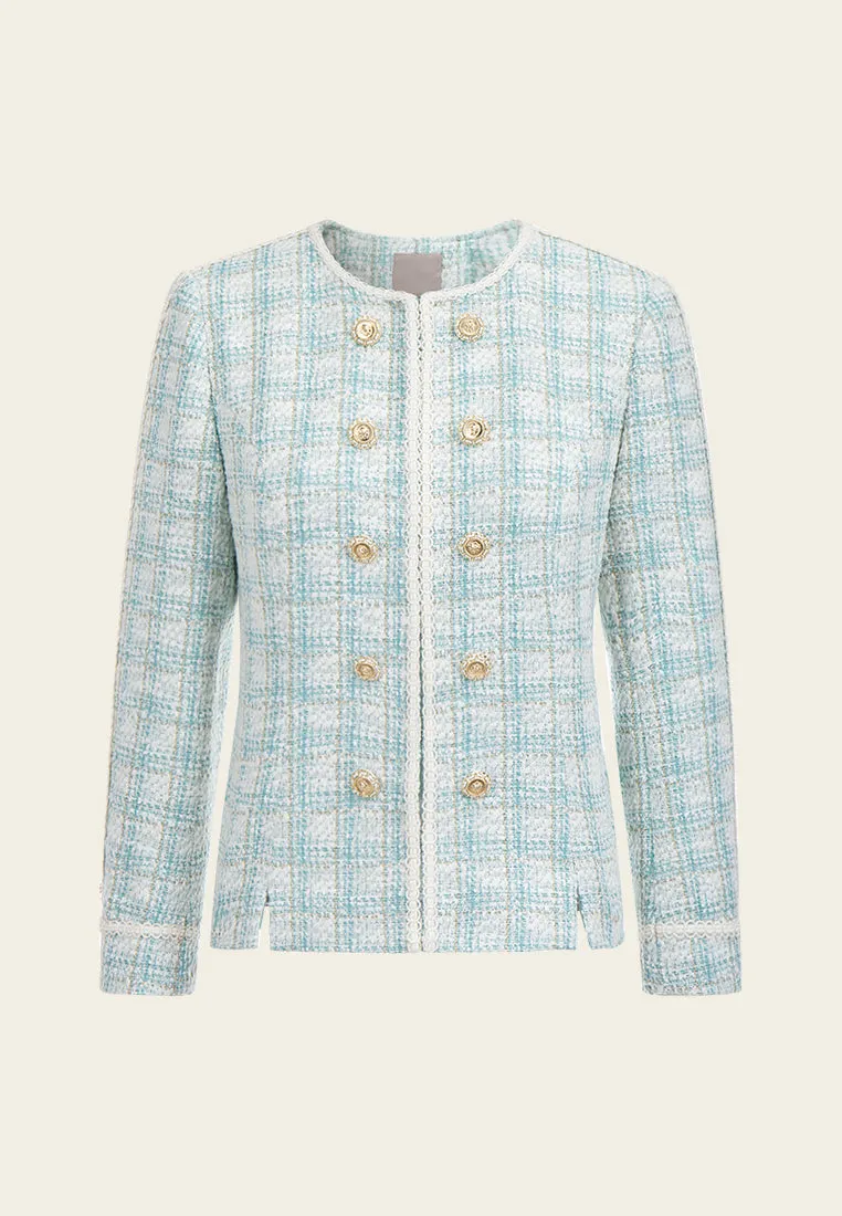 Embellished-trim Sculptured-button Checked Jacket