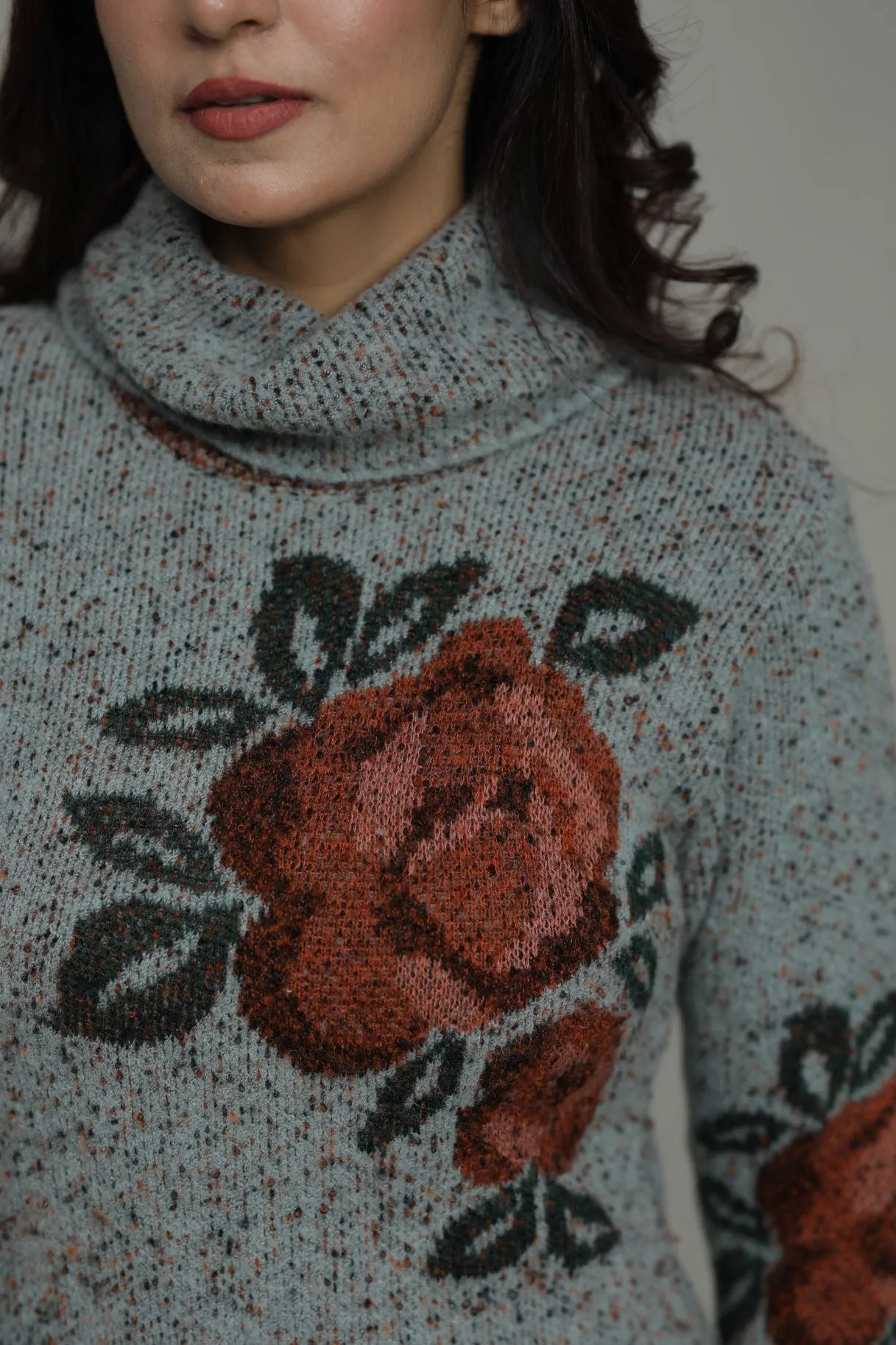 Floral Knitted Cowl Neck Sweater for Women