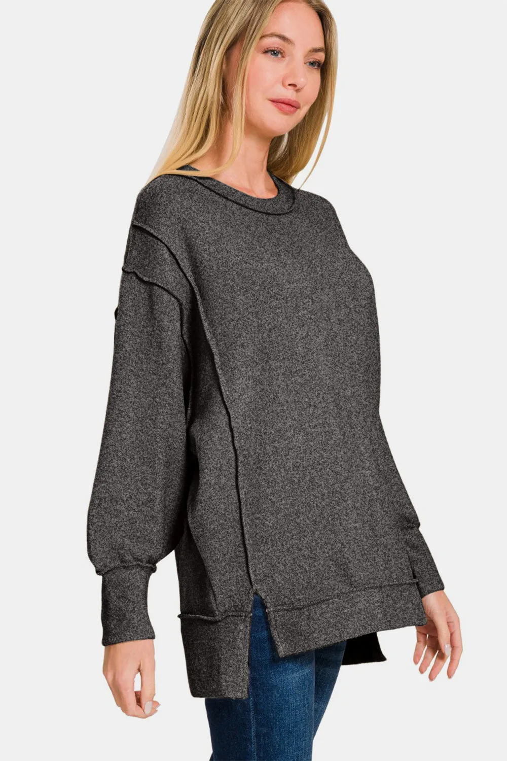 Full Size High-Low Round Neck Long Sleeve Sweater