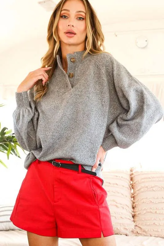 Grey Long Sleeve Button Sweater