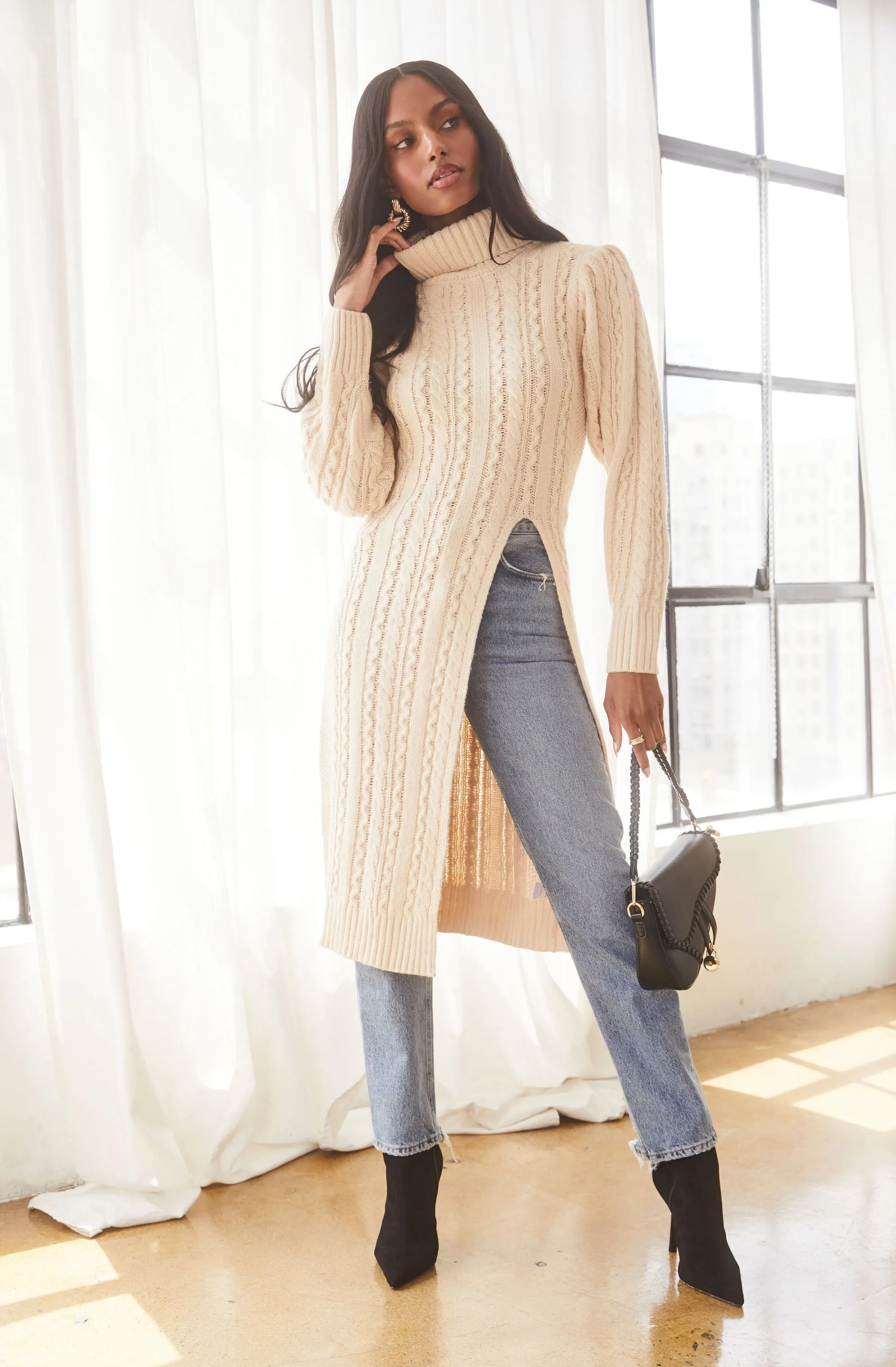 Hi Slit Cable Knit Sweater