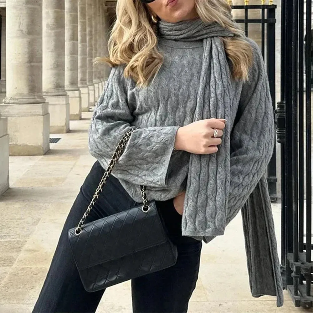 High Street Gray Knitting Sweaters For Women Scarf Collar Long Sleeve Temperament Slimming Pullover Sweaters Female Style