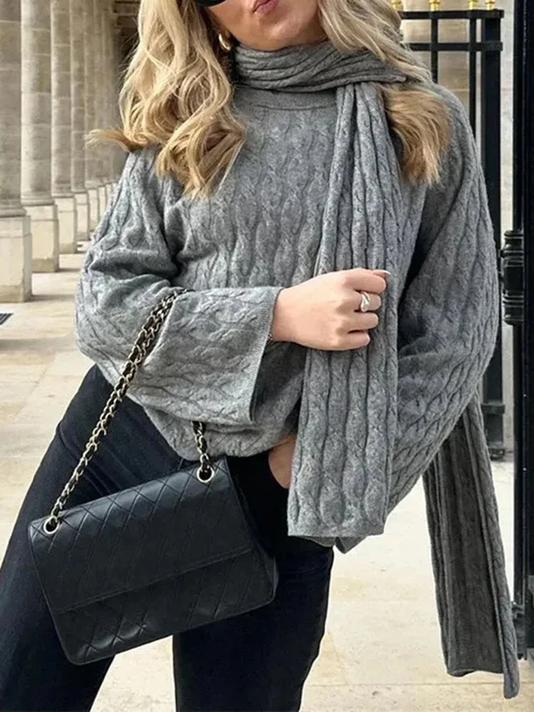 High Street Gray Knitting Sweaters For Women Scarf Collar Long Sleeve Temperament Slimming Pullover Sweaters Female Style