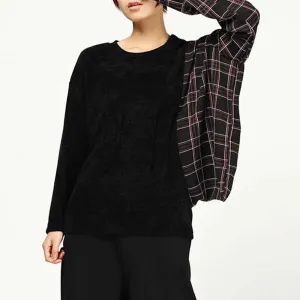 Hit Color Pullover Knitting Sweaters For Women Round Neck Batwing Sleeves Patchwork Plaid Casual Sweater Female