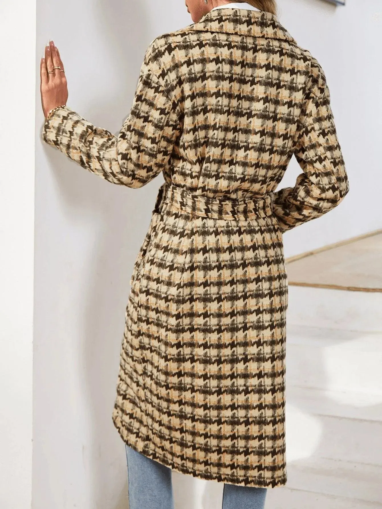 Houndstooth Pattern Lapel Neck Double Pocket Belted Tweed Overcoat