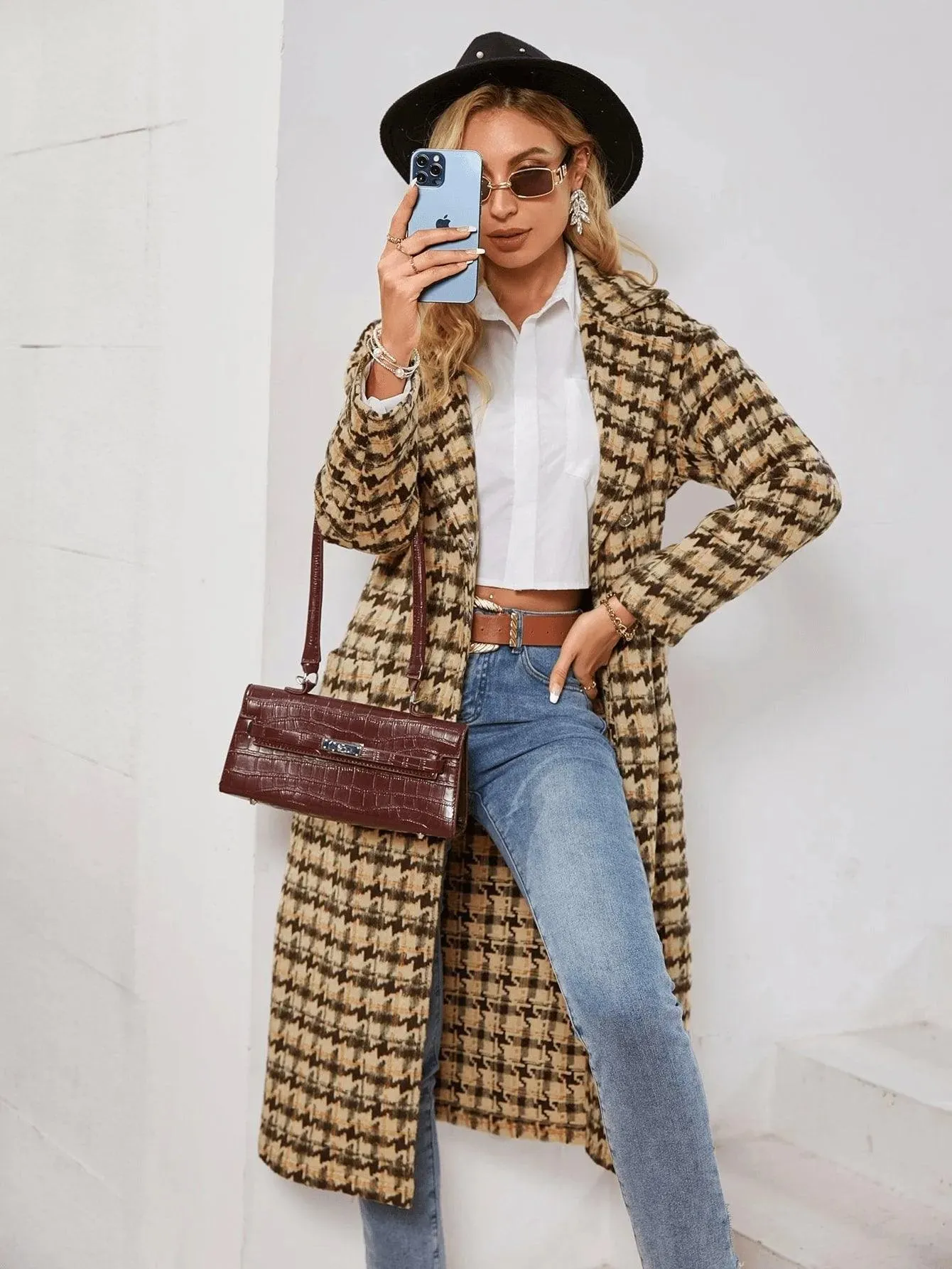 Houndstooth Pattern Lapel Neck Double Pocket Belted Tweed Overcoat