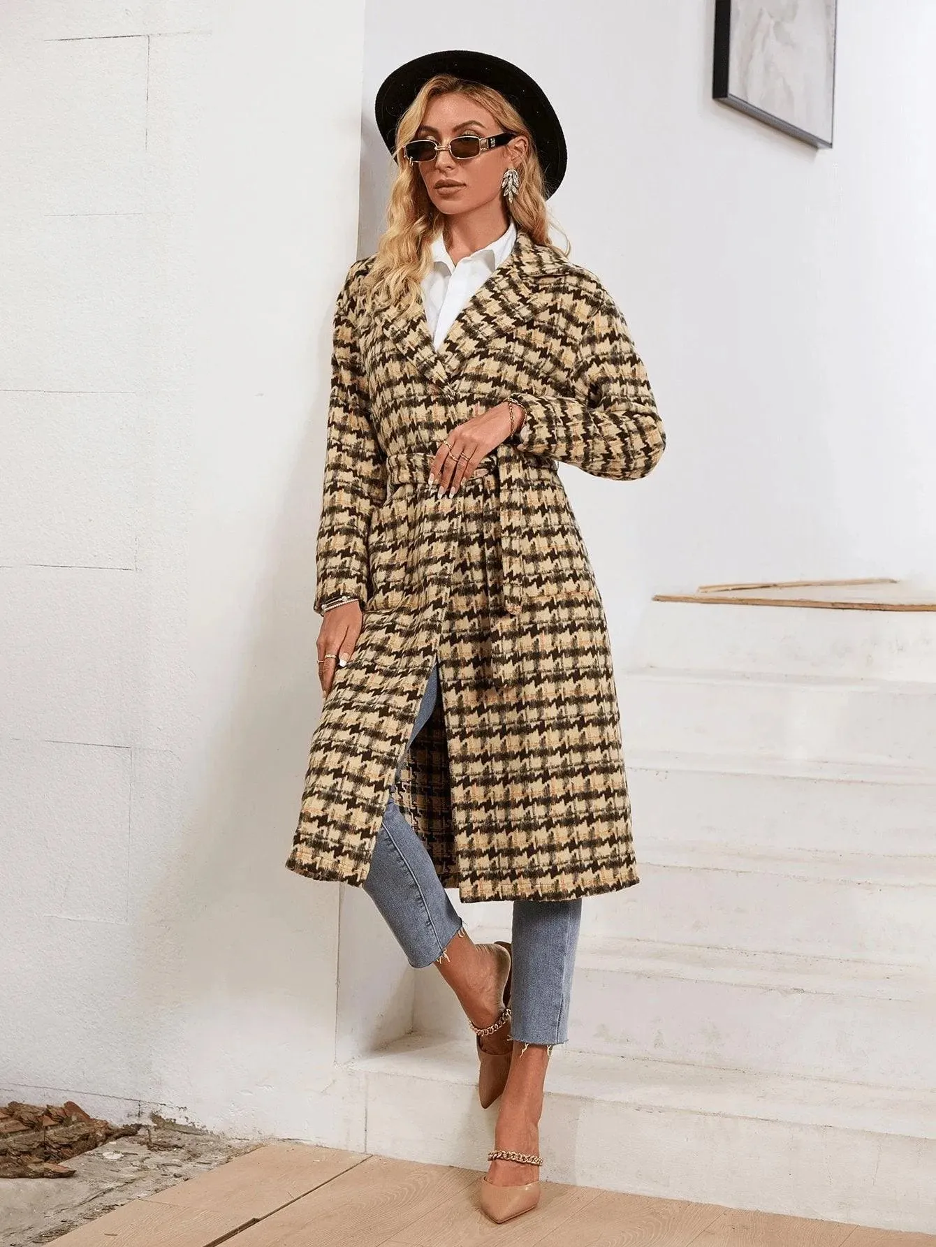 Houndstooth Pattern Lapel Neck Double Pocket Belted Tweed Overcoat