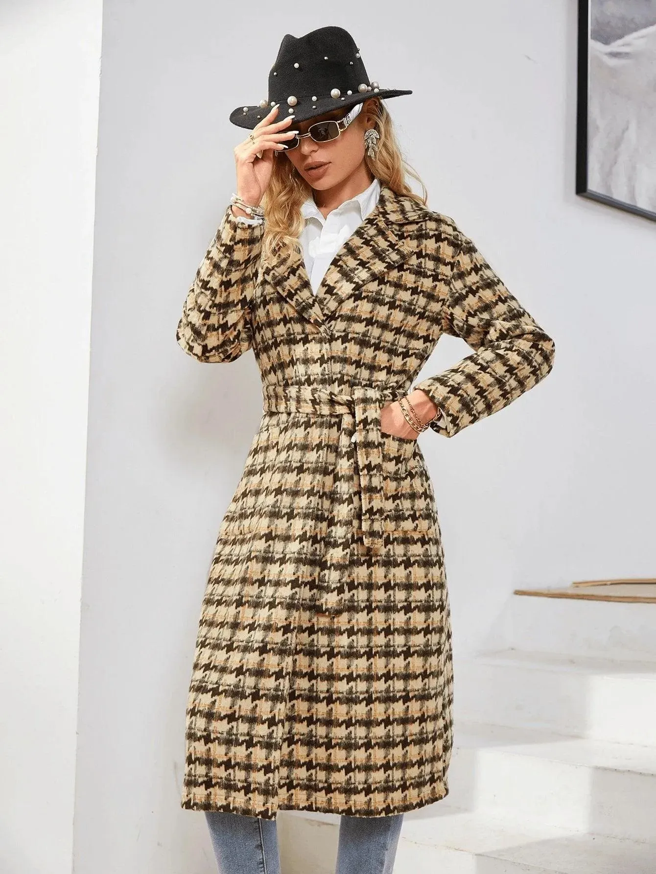 Houndstooth Pattern Lapel Neck Double Pocket Belted Tweed Overcoat