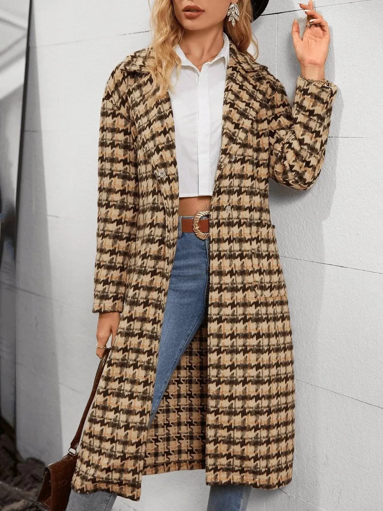 Houndstooth Pattern Lapel Neck Double Pocket Belted Tweed Overcoat