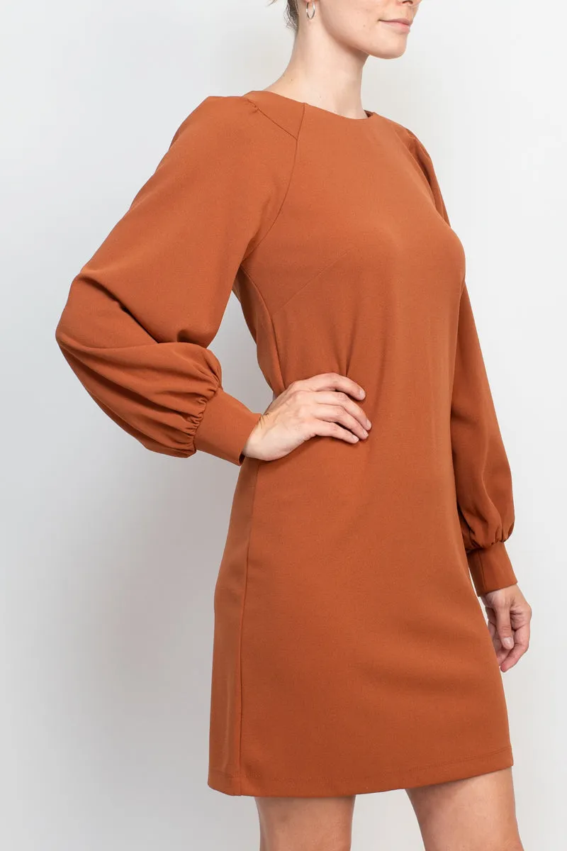 London Times Collared Crew Neck long Sleeve Banded Cuff’s Zipper Back Solid Shift Crepe Dress