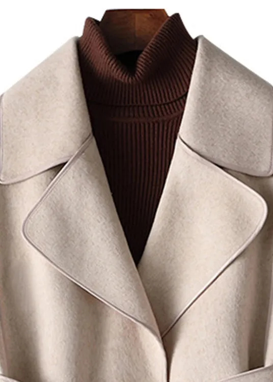 Loose Beige Notched Tie Waist Woolen Coats Fall