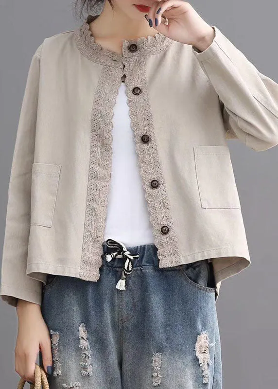 Loose Beige retro Denim Pockets Casual Coats Fall