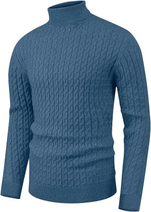 Men's Twisted Knitted Turtleneck Sweater Casual Soft Pullover Sweaters - Blue