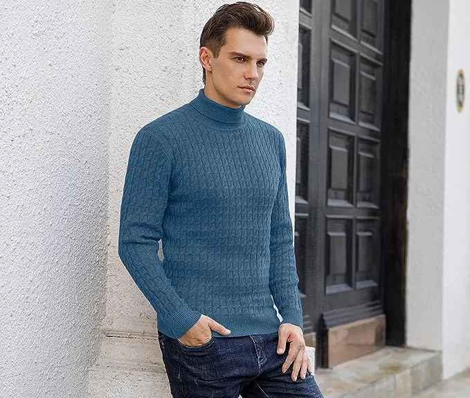 Men's Twisted Knitted Turtleneck Sweater Casual Soft Pullover Sweaters - Blue